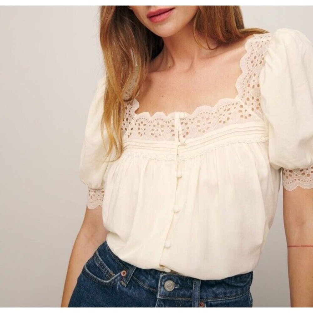 Reformation White Embroidered Lace Boho Wanda Top Short Puff Sleeve Buttons Sz M